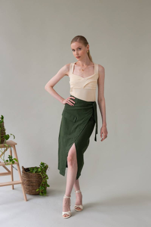 Λινή πράσινη μίντι φούστα κρουαζέ ADA