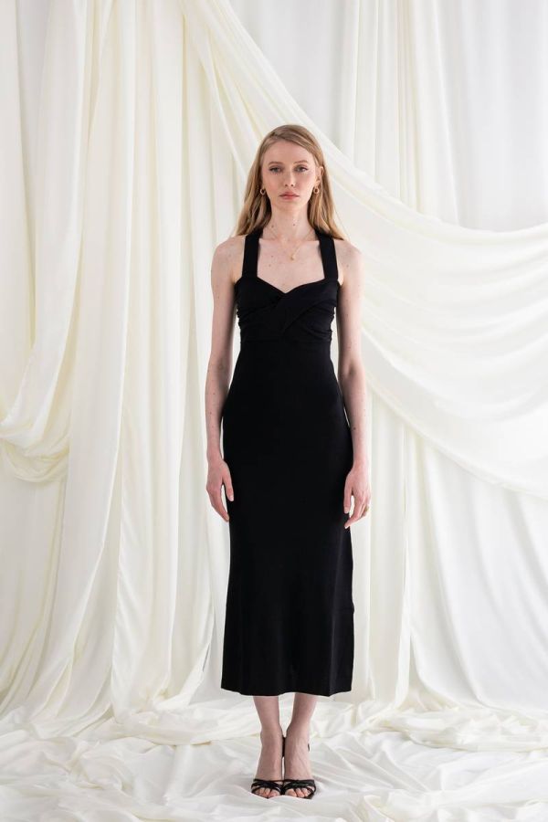 Πλεκτό μαύρο φόρεμα χιαστί ράντες WARREN