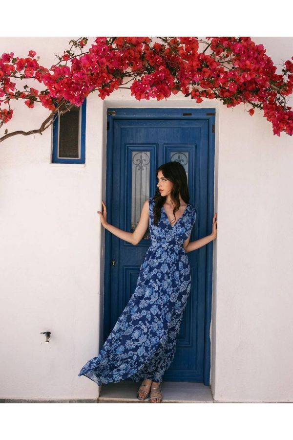 Μακρύ μπλε φλοράλ κρουαζέ φόρεμα LORENA