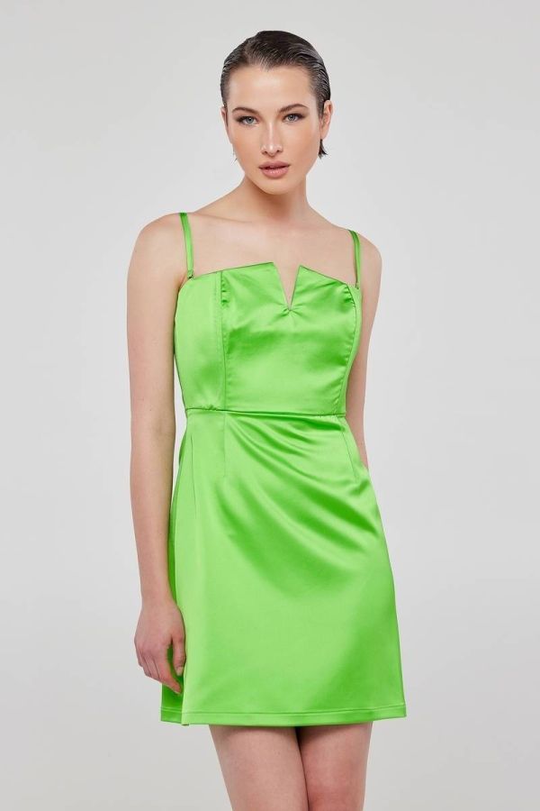 Στράπλες βραδινό μίνι σατέν πράσινο φόρεμα JAZZY