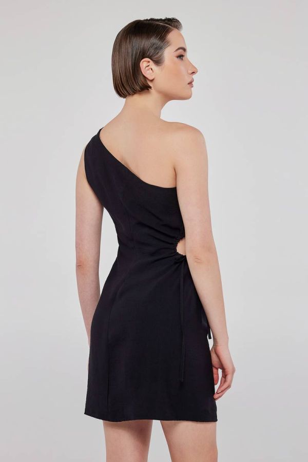 Λινό μίνι μαύρο φόρεμα με έναν ώμο ELMORE