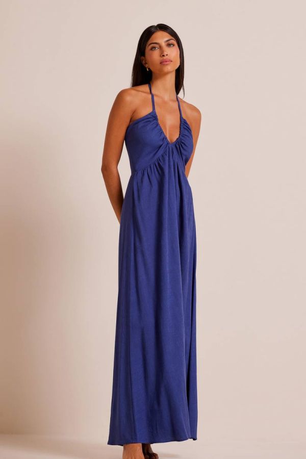 Εξώπλατο λινό μακρύ μπλε φόρεμα LOGAN