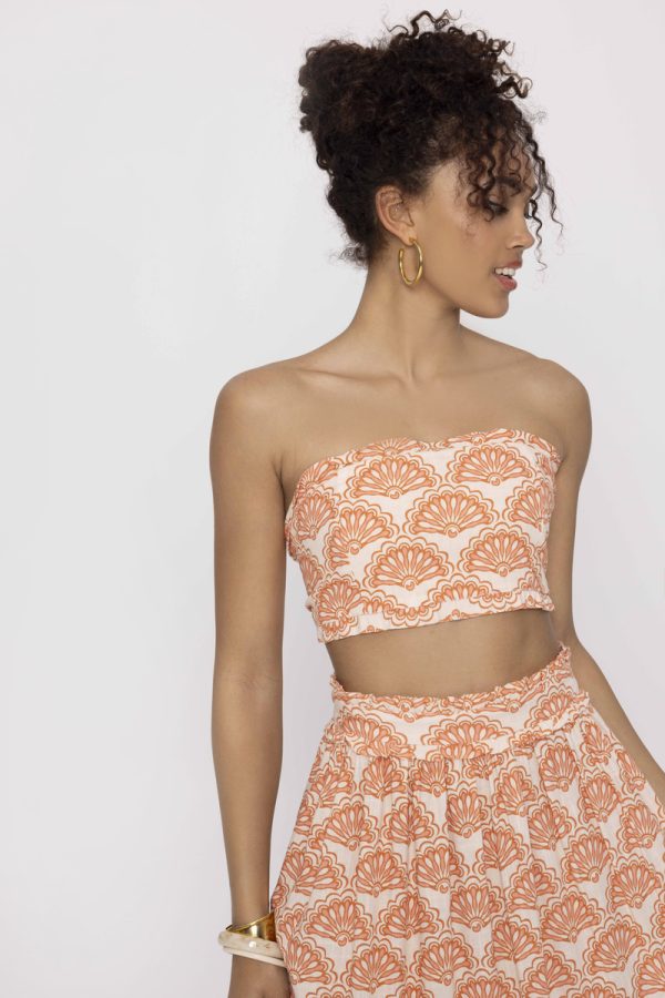 Strapless Τοπ από Τυπωμένο Λινό με Βολάν και Δέσιμο στην Πλάτη SUKI